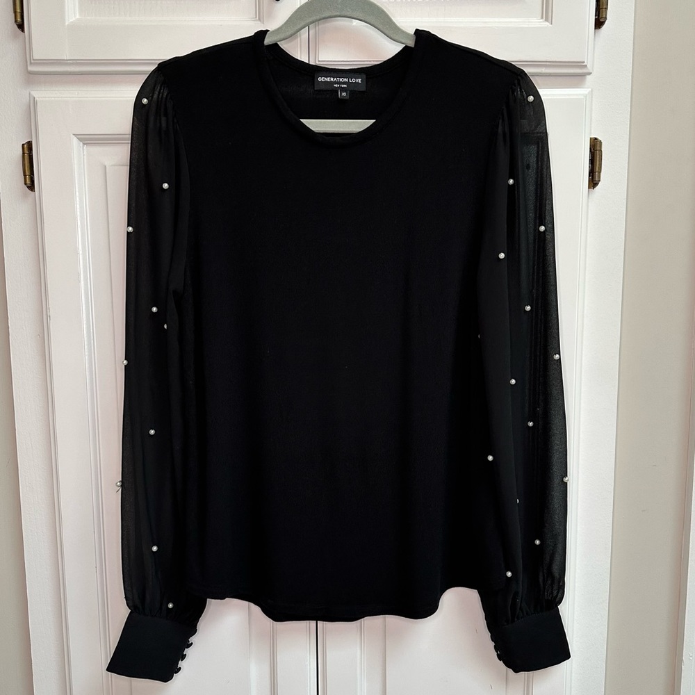 Generation Love Black Blouse with Sheer Sleeves with Pearls Size XS